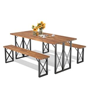 giantex outdoor picnic table set with 2 benches, acacia wood patio dining table set for 6 or 4 persons, with 2” umbrella hole, 67” large rectangular camping table for garden lawn yard 800 lbs capacity