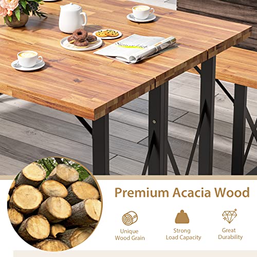 Giantex Outdoor Picnic Table Set with 2 Benches, Acacia Wood Patio Dining Table Set for 6 or 4 Persons, with 2” Umbrella Hole, 67” Large Rectangular Camping Table for Garden Lawn Yard 800 Lbs Capacity