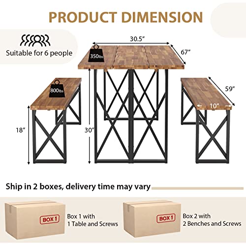 Giantex Outdoor Picnic Table Set with 2 Benches, Acacia Wood Patio Dining Table Set for 6 or 4 Persons, with 2” Umbrella Hole, 67” Large Rectangular Camping Table for Garden Lawn Yard 800 Lbs Capacity