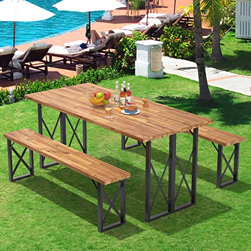 Giantex Outdoor Picnic Table Set with 2 Benches, Acacia Wood Patio Dining Table Set for 6 or 4 Persons, with 2” Umbrella Hole, 67” Large Rectangular Camping Table for Garden Lawn Yard 800 Lbs Capacity