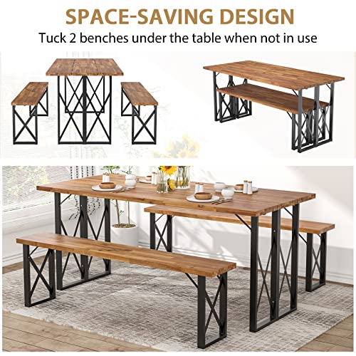 Giantex Outdoor Picnic Table Set with 2 Benches, Acacia Wood Patio Dining Table Set for 6 or 4 Persons, with 2” Umbrella Hole, 67” Large Rectangular Camping Table for Garden Lawn Yard 800 Lbs Capacity