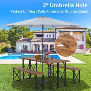 Giantex Outdoor Picnic Table Set with 2 Benches, Acacia Wood Patio Dining Table Set for 6 or 4 Persons, with 2” Umbrella Hole, 67” Large Rectangular Camping Table for Garden Lawn Yard 800 Lbs Capacity