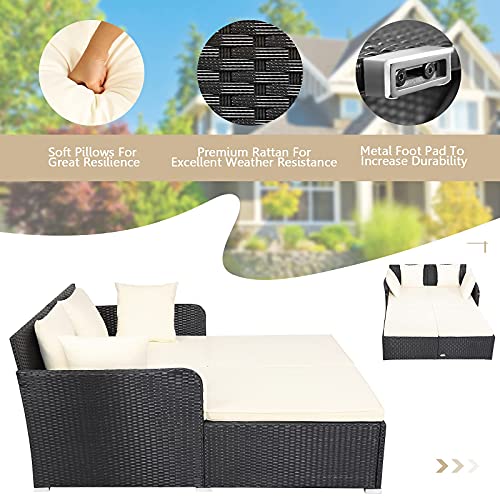 Salches Outdoor Rattan Daybed, Patio Loveseat Sofa Set w/Comfortable Cushions, Extra Pillows & Metal Foot, Sunbed Wicker Furniture for Yard/Poolside/Living Room/Garden/Porch (White)
