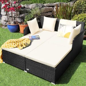 Salches Outdoor Rattan Daybed, Patio Loveseat Sofa Set w/Comfortable Cushions, Extra Pillows & Metal Foot, Sunbed Wicker Furniture for Yard/Poolside/Living Room/Garden/Porch (White)