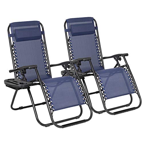 JUMMICO Zero Gravity Chair Patio Outdoor Adjustable Reclining Folding Chair Lawn Lounge Chair for Deck Beach Yard and Beach with Pillows Set of 2 (Dark Blue)