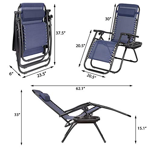 JUMMICO Zero Gravity Chair Patio Outdoor Adjustable Reclining Folding Chair Lawn Lounge Chair for Deck Beach Yard and Beach with Pillows Set of 2 (Dark Blue)