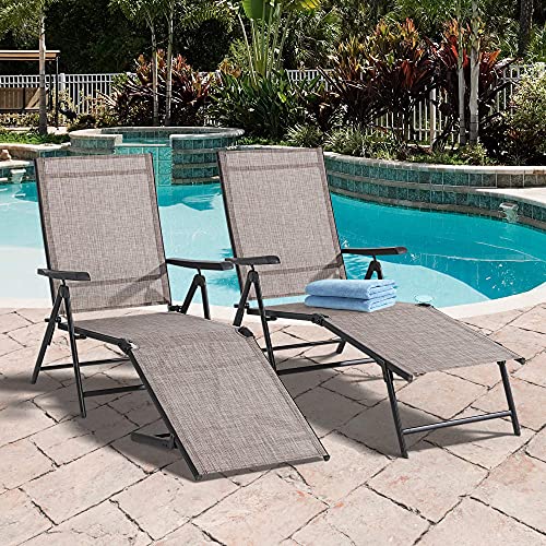 QAQA Patio Double Chaise Lounge Chairs Set of 2, Outdoor Adjustable Steel Textiline Folding Reclining Lounge Chair Outdoor Lay Out Chairs for Lawn Garden Pool Beach Yard Gray