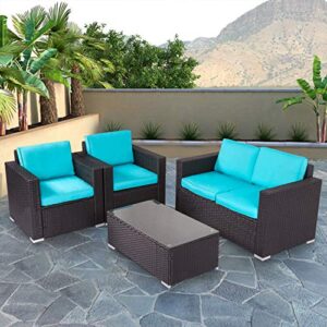 Kinsunny 4 Piece Outdoor Conversation Set Patio Sectional Sofa PE Wicker Furniture Sets with Glass Coffee Table and Cushions for Porch Lawn