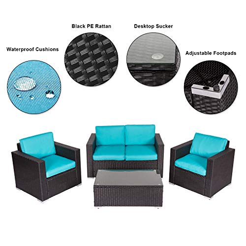 Kinsunny 4 Piece Outdoor Conversation Set Patio Sectional Sofa PE Wicker Furniture Sets with Glass Coffee Table and Cushions for Porch Lawn