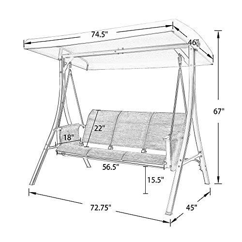 Iwicker Patio 3-Seater Porch Hammock Swing Chair Outdoor Swing Glider Bench with Stand, Textilene Mesh Sling Seats and Convertible Canopy (Brown)