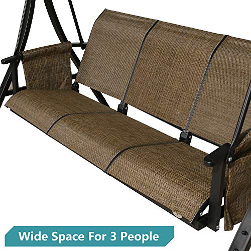 Iwicker Patio 3-Seater Porch Hammock Swing Chair Outdoor Swing Glider Bench with Stand, Textilene Mesh Sling Seats and Convertible Canopy (Brown)