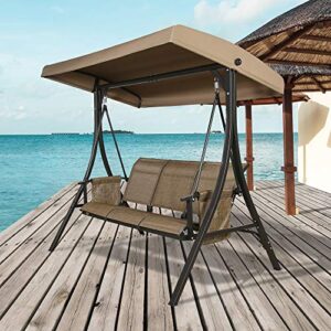 Iwicker Patio 3-Seater Porch Hammock Swing Chair Outdoor Swing Glider Bench with Stand, Textilene Mesh Sling Seats and Convertible Canopy (Brown)