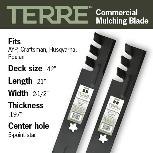 Terre Products, 2 Pack Mulching Lawn Mower Blades, 42 Inch Deck, Compatible with Craftsman, Husqvarna, Poulan, Replacement for 134149, 138971, 138498, 127843, 532138971, 532138498, PP24003