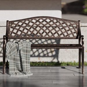 belleze patio outdoor garden bench, 40 inch cast aluminum loveseat chairs with armrests for park, yard, porch, lawn, balcony, backyard, antique seat furniture, bronze