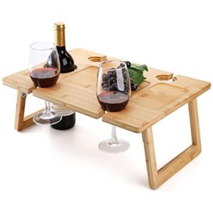 peohud portable wine picnic table, foldable champagne picnic snack table tray, wooden outdoor picnic table with glass holder for park, beach, camping, bed, wine lover gift