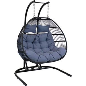 sunnydaze liza loveseat egg chair with gray polyester cushions and stand – comfy outdoor collapsible hanging chair with stand – black polyethylene wicker rattan frame with steel stand – 76″ tall