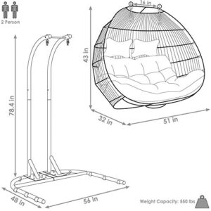 Sunnydaze Liza Loveseat Egg Chair with Gray Polyester Cushions and Stand - Comfy Outdoor Collapsible Hanging Chair with Stand - Black Polyethylene Wicker Rattan Frame with Steel Stand - 76" Tall