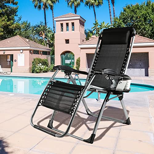 BIGTREE Heavy Duty Zero Gravity Chair w/Headrest Pillow Folding Recliners,Portable Adjustable Lawn Patio Lounge Chair with Side Table and Cup Holders for Outdoor Garden Patio Seat