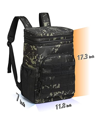 Cooler Backpack Insulated Waterproof Leak Proof - TACTICISM Lunch Backpack for Men 33 Cans MOLLE Soft Sided Protable Cooler Bag for Work Beach Camping Fishing Hiking Picnic Kayaking Gear, Black Camo