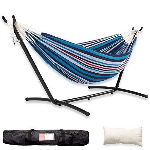 ACH Double Hammock with Stand Included 2 Person Heavy Duty Strong Portable Hammocks Indoor and Outdoor with Pillow-Carrying Bag for Outside Patio Backyard Lawn-450lb Capacity