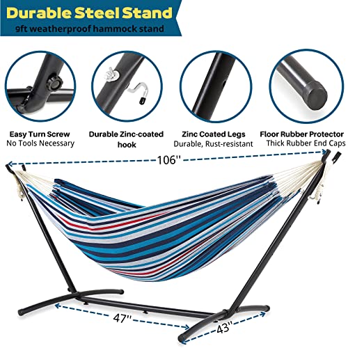 ACH Double Hammock with Stand Included 2 Person Heavy Duty Strong Portable Hammocks Indoor and Outdoor with Pillow-Carrying Bag for Outside Patio Backyard Lawn-450lb Capacity