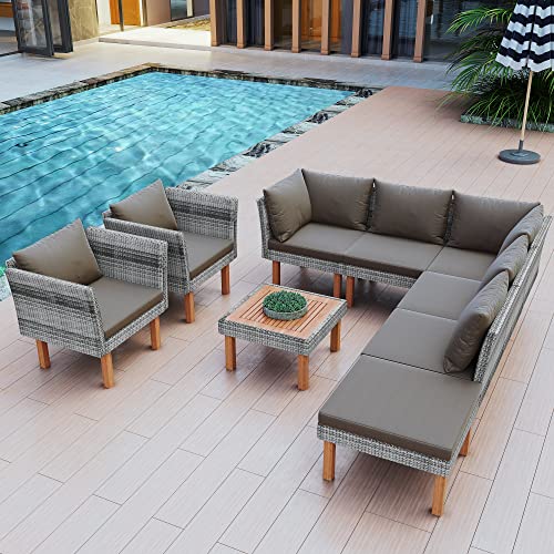 Merax 9 PCS Patio Conversation PE Rattan Wicker Outdoor Sofa Set with Table and Cushions, Gray(New)