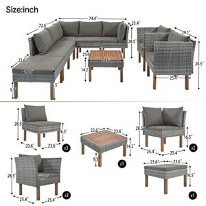 Merax 9 PCS Patio Conversation PE Rattan Wicker Outdoor Sofa Set with Table and Cushions, Gray(New)