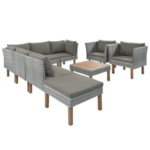 Merax 9 PCS Patio Conversation PE Rattan Wicker Outdoor Sofa Set with Table and Cushions, Gray(New)