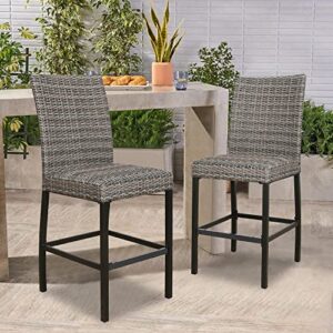 Iwicker Patio PE Wicker Height Bar Chairs, Outdoor Heavy-Duty Steel Frame Rattan Bar Stools with Padded Quick Dry Foam and Curved Backrest, Set of 2