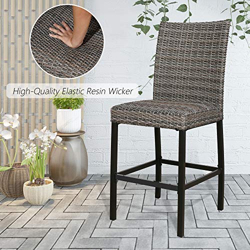 Iwicker Patio PE Wicker Height Bar Chairs, Outdoor Heavy-Duty Steel Frame Rattan Bar Stools with Padded Quick Dry Foam and Curved Backrest, Set of 2