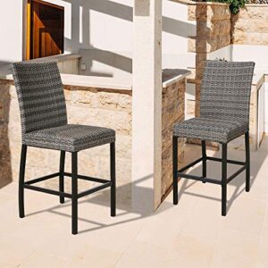 Iwicker Patio PE Wicker Height Bar Chairs, Outdoor Heavy-Duty Steel Frame Rattan Bar Stools with Padded Quick Dry Foam and Curved Backrest, Set of 2