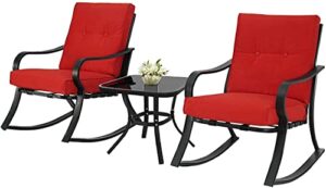 omelaza 3 pieces outdoor rocking bistro set, patio steel furniture, porch chairs conversation set with thickened cushion and glass top coffee table (red)