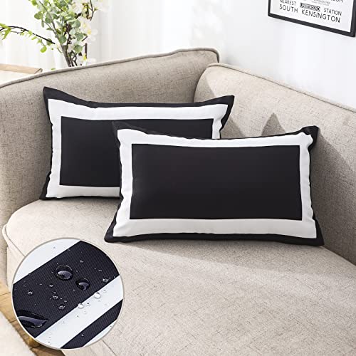 JOJOGOGO Black Outdoor Lumbar Pillow Covers 12x20 Waterproof Set of 2 Black and White Rectangle Outdoor Lumbar Pillows for Porch Swing Garden Bench and Patio Furniture