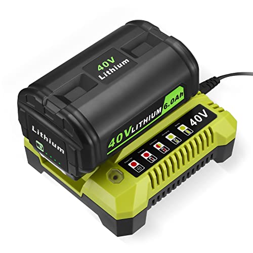 40V 6.0Ah Li-ion Replacement Battery Compatible with Ryobi 40v Lithium Battery OP4040 + OP401 40V Charger Kit Compatible with All Ryobi 40v Lithium Battery