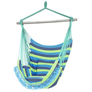 gold armour hammock chair hanging rope swing max 500lbs, 2 seat cushions included, hanging chair with pocket-quality cotton weave for superior comfort & durability (blue green stripe)