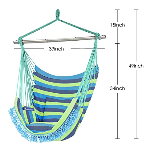 Gold Armour Hammock Chair Hanging Rope Swing Max 500lbs, 2 Seat Cushions Included, Hanging Chair with Pocket-Quality Cotton Weave for Superior Comfort & Durability (Blue Green Stripe)