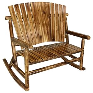 sunnydaze rustic fir wood log cabin rocking loveseat with fan back design, 2-person 500-pound capacity