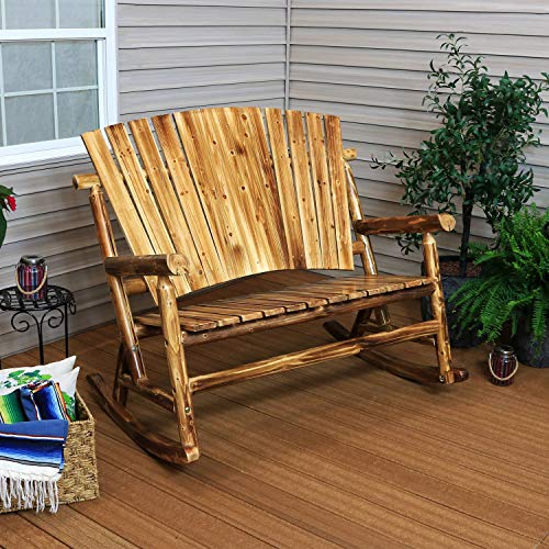 Sunnydaze Rustic Fir Wood Log Cabin Rocking Loveseat with Fan Back Design, 2-Person 500-Pound Capacity