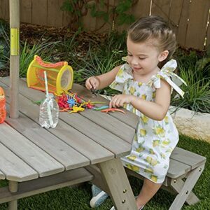 KidKraft Wooden Octagon Table, Stools & Umbrella Set, Kids’ Outdoor Furniture, Barnwood Gray & Navy