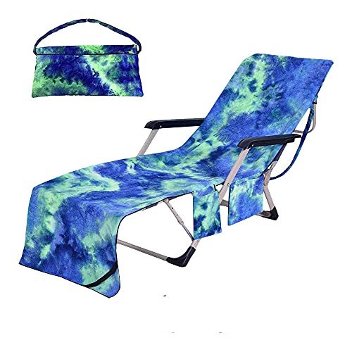 Beach Chair Towel with Side Pockets,Microfiber Chaise Lounge Chair Towel Covers for Sun Lounger Pool Sunbathing Beach Hotel Vacation,Easy to Carry Around,No Sliding,Tie-Dye Green(82.5" x 29.5")