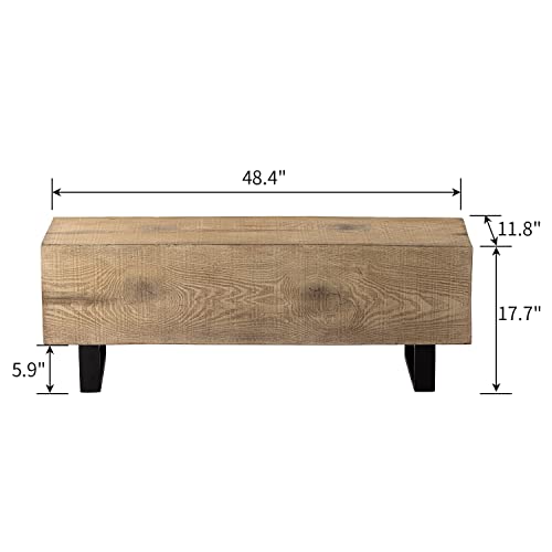SUNBURY Outdoor Patio Concrete Bench, Wooden Look Bench for Patio, 48" Garden Bench Log Table, MgO and Rustic Metal Legs in Light Brown for proch Backyard