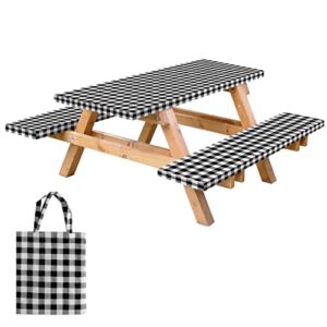 rnoony vinyl fitted picnic table cover with bench covers and bag, outdoor waterproof picnic tablecloth with elastic edges, 72×30 inches 3 pcs set (black)