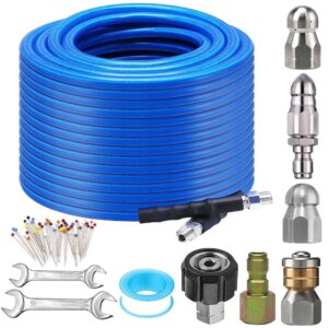 100ft sewer jetter kit for pressure washer, 5800psi drain cleaner hose 1/4 inch npt corner, rotating button nose sewer jetting drain jetter hose nozzle pearl corsage pin spanners, blue