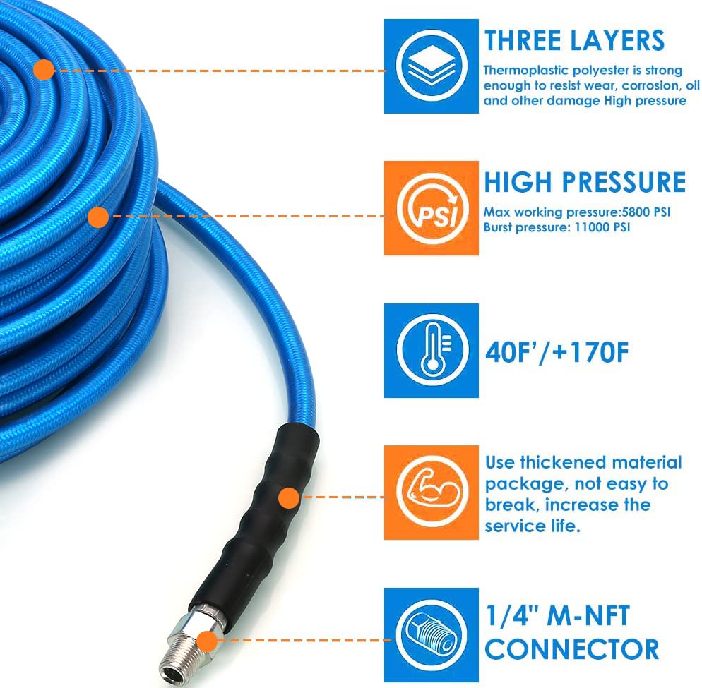 100FT Sewer Jetter Kit for Pressure Washer, 5800PSI Drain Cleaner Hose 1/4 Inch NPT Corner, Rotating Button Nose Sewer Jetting Drain Jetter Hose Nozzle Pearl Corsage Pin Spanners, Blue