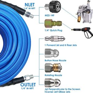 100FT Sewer Jetter Kit for Pressure Washer, 5800PSI Drain Cleaner Hose 1/4 Inch NPT Corner, Rotating Button Nose Sewer Jetting Drain Jetter Hose Nozzle Pearl Corsage Pin Spanners, Blue