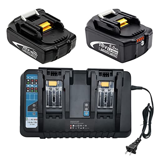 BATTOOL BL1830 18V 3.0Ah Battery and 6.0Ah Lithium Replacement Battery with DC18RD Dual Port Charger Compatible with Makita 18V Battery BL1860 BL1850 BL1840 BL1830 14.4V-18V Power Tools Battery