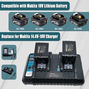 BATTOOL BL1830 18V 3.0Ah Battery and 6.0Ah Lithium Replacement Battery with DC18RD Dual Port Charger Compatible with Makita 18V Battery BL1860 BL1850 BL1840 BL1830 14.4V-18V Power Tools Battery