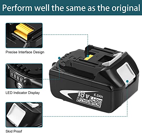 BATTOOL BL1830 18V 3.0Ah Battery and 6.0Ah Lithium Replacement Battery with DC18RD Dual Port Charger Compatible with Makita 18V Battery BL1860 BL1850 BL1840 BL1830 14.4V-18V Power Tools Battery