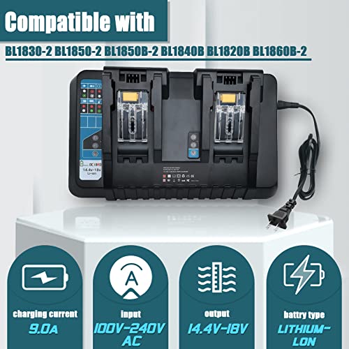 BATTOOL BL1830 18V 3.0Ah Battery and 6.0Ah Lithium Replacement Battery with DC18RD Dual Port Charger Compatible with Makita 18V Battery BL1860 BL1850 BL1840 BL1830 14.4V-18V Power Tools Battery