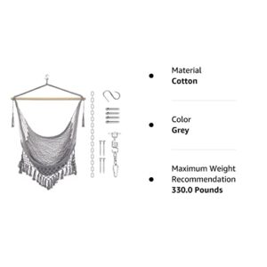 Hammock Hanging Rope Swing Macrame Chair Extra Long Stretching Bed with Max Capacity of 330 Lbs with Complete 360° Rotation Spring Hardware Set Indoor Outdoor Garden Yard (Grey)